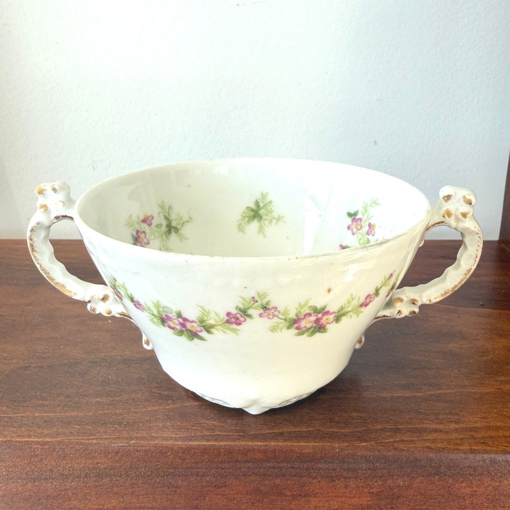 T&V Limoges France Century Bouillon Cup Antique Floral Double Handle Porcelain